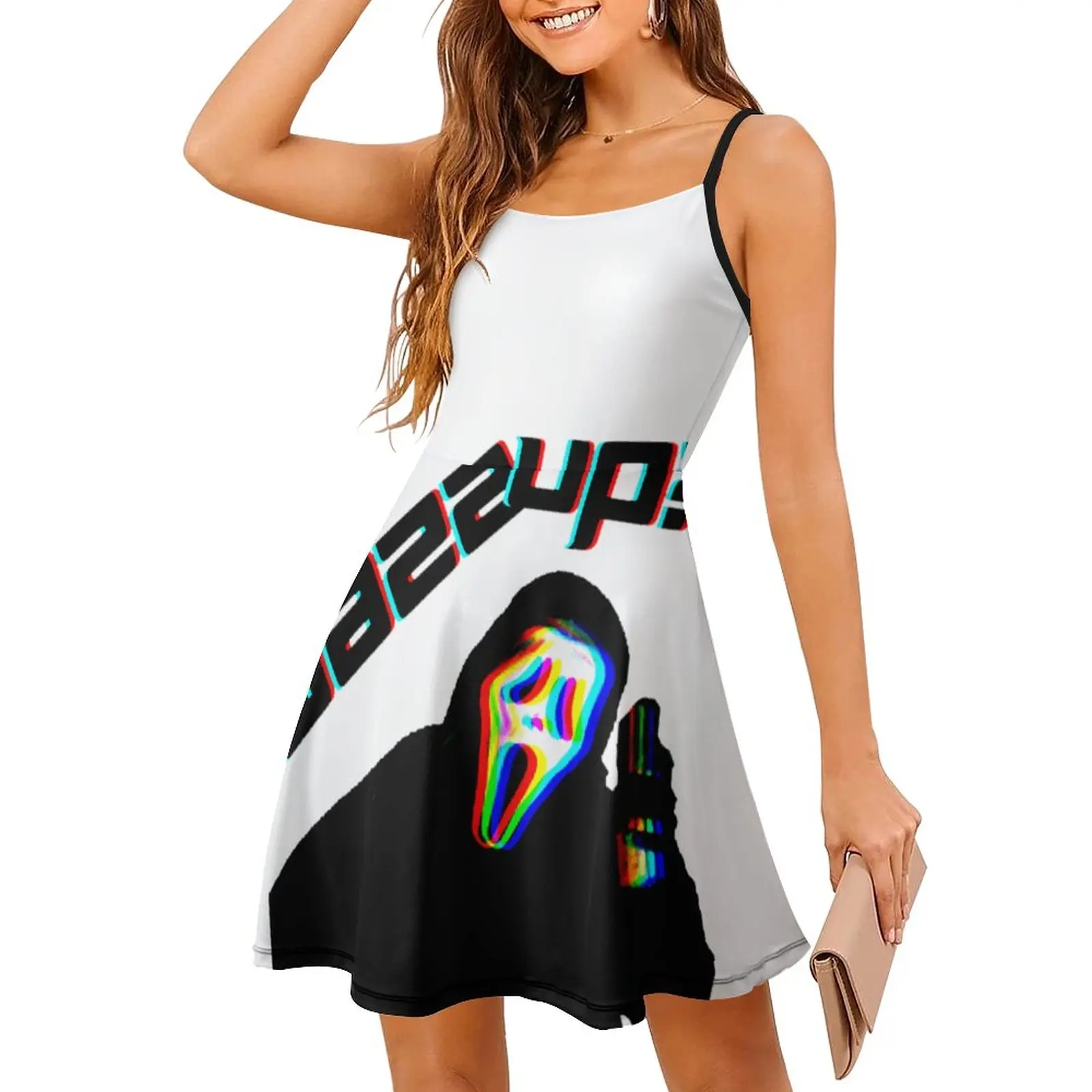 

Sexy Ghostface Wazzup Glitch Effect Design Essential Women's Sling Dress Funny Parties Woman's Gown Strappy Dress Top Quality