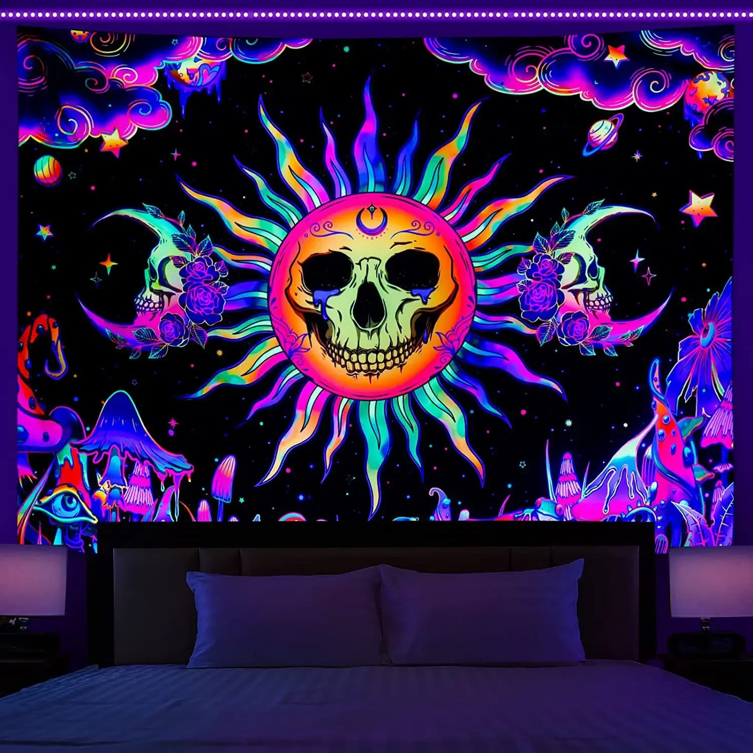 Психоделический черный флуоресцентный гобелен в виде черепа Настенный декор
