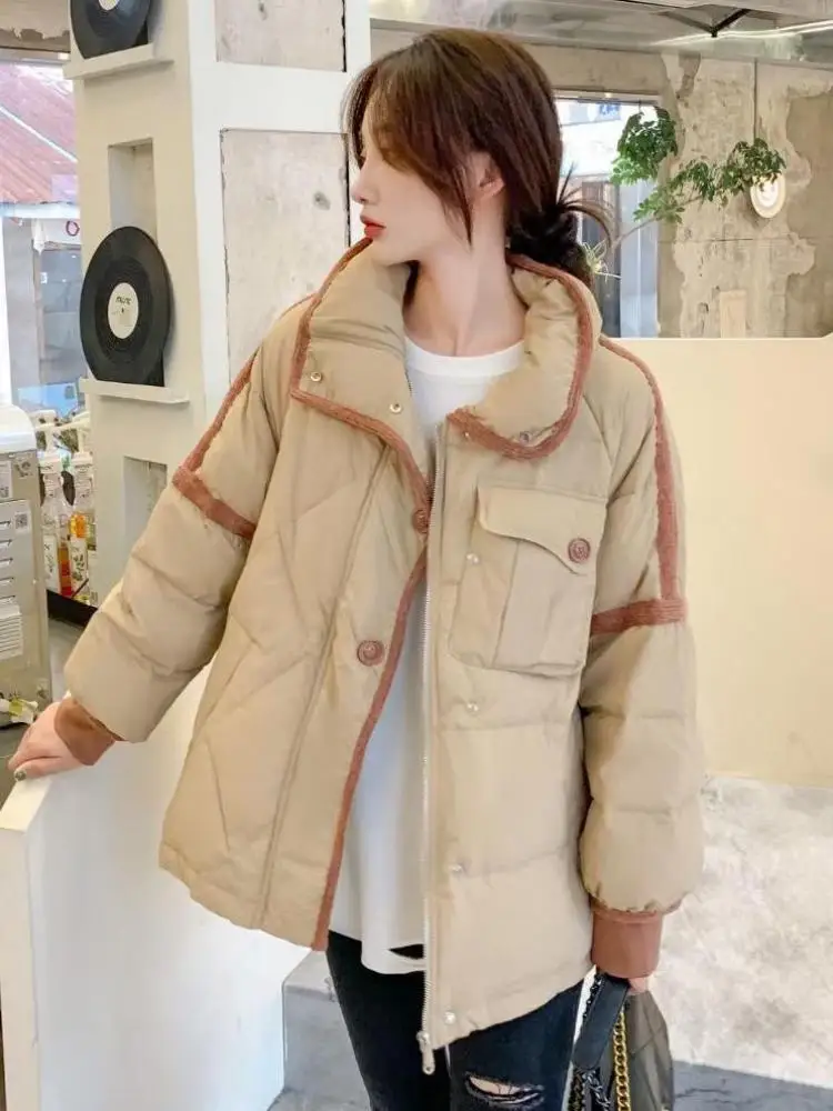 New Winter Women Short Down Jacket Splicing Light Thin Stand Collar 90% White Duck Down Puffer Coat Thickened Outwear