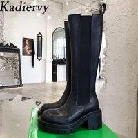 black knee high boots women genuine leather platform shoes women thick sole chelsea boots square heels long boots woman