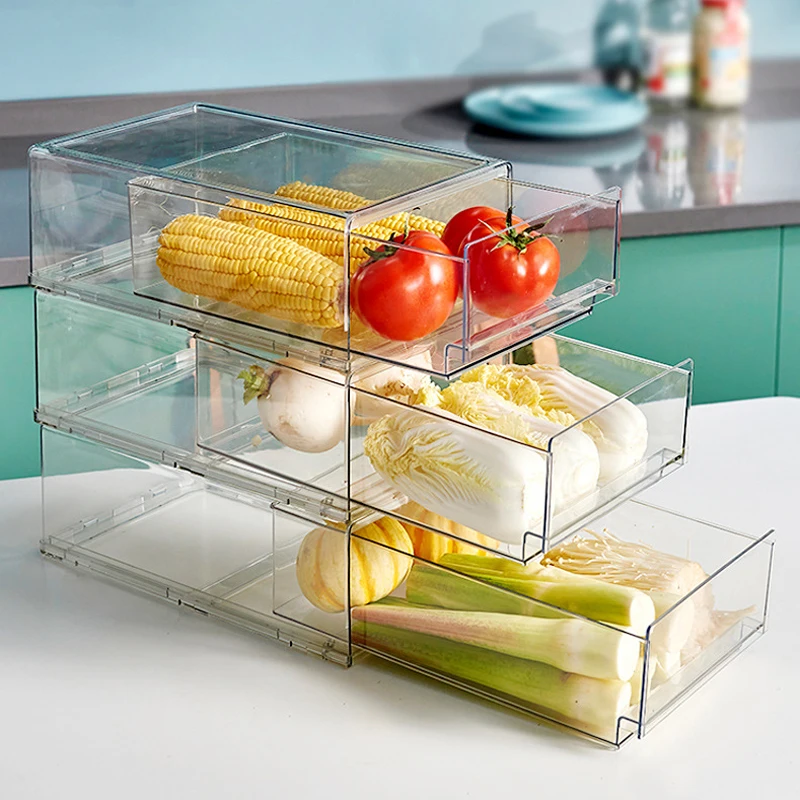 

Kitchen Fruit Vegatable Storage Box Refrigerator Organizer Drawer Shelf Holder w/ Drain Board Fridge Stackable Food Freezer Rack