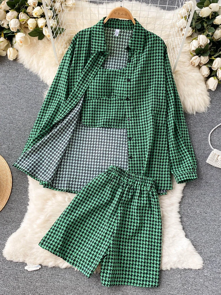 

Women 3 Pieces Set Houndstooth Plain Green/Black/Orange Turn-Down Collar Single Breasted Blouse + Strap Camis + Shorts Suits New
