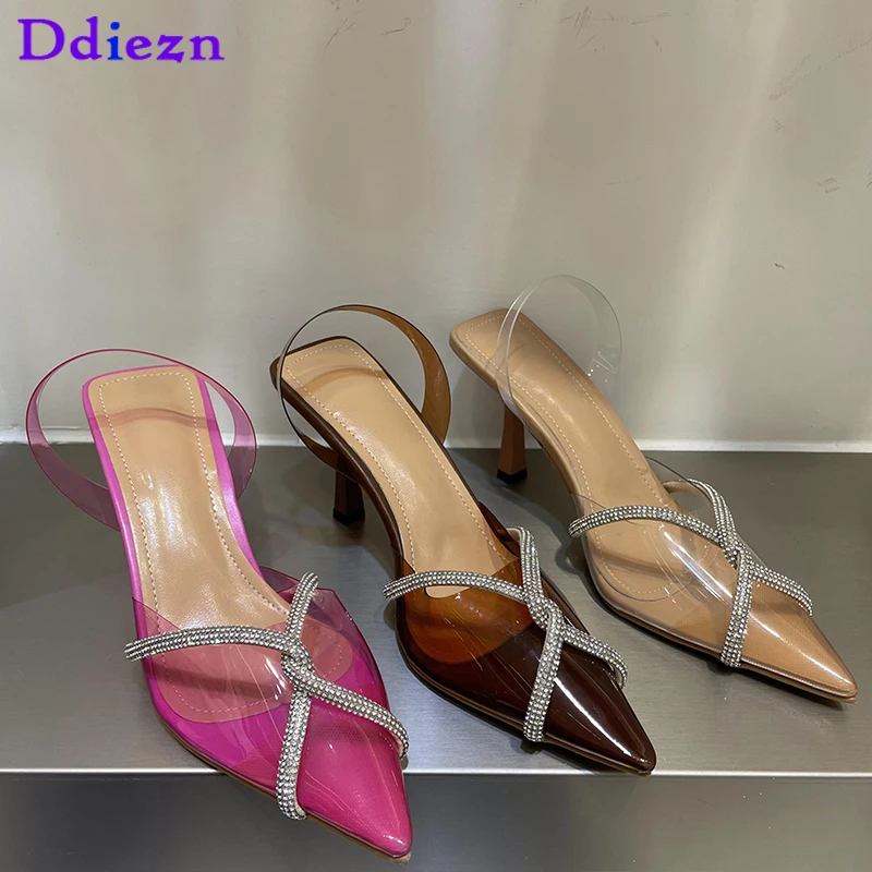 

Women Pumps Rhinestones Summer Female Shoes Summer Thin High Heels 2023 New In Fashion Pvc Ladies Sandals Pointed Toe Slides