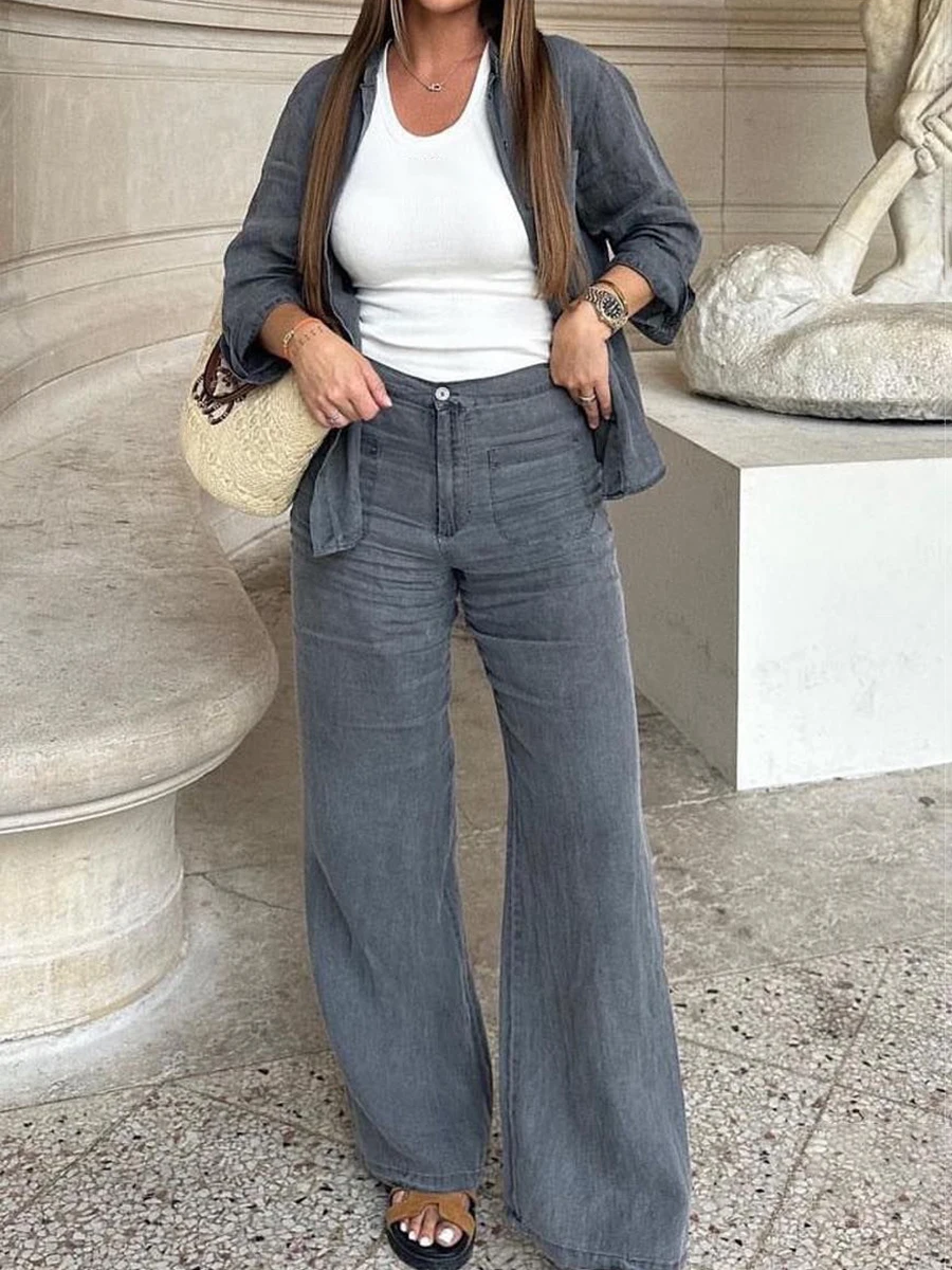 

Gray Pocket Casual Blouse Pant 2 Piece Set Lapel Single Breasted Shirt with Long Pants Solid Simple Vintage Female Vocation Sets