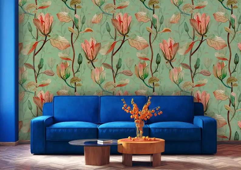 

Watercolor Floral Wallpaper with Autumn Leaves and Flowers, Peel and Stick Green Wallpaper, Removable Wall Mural, Self Adhesive