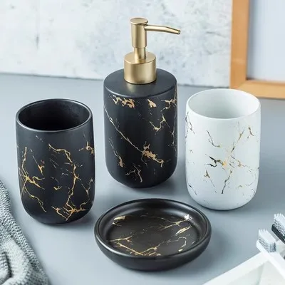 

Luxury Ceramic Bathroom Accessory Set Marble Soap Dispenser Pump Bottle Home Couple Mouthwash Cup Soap Dish Washing Tools