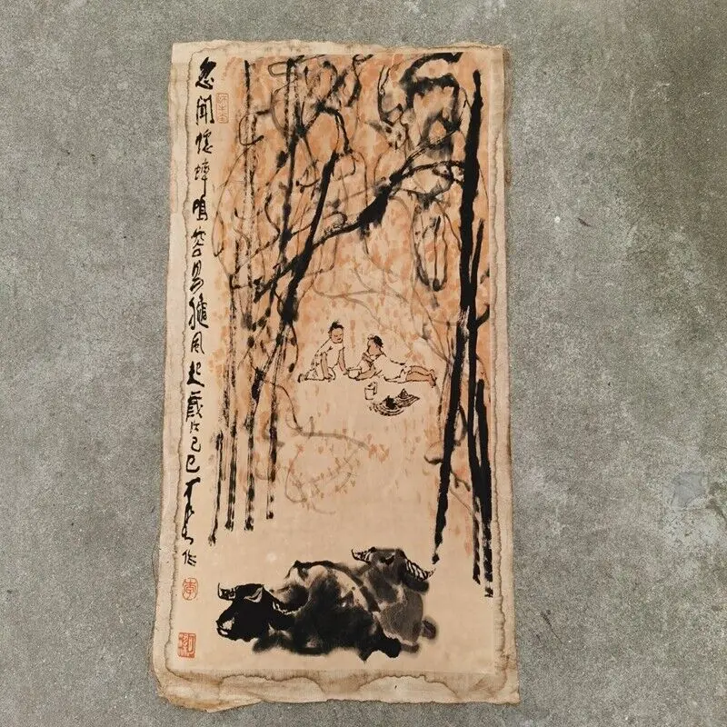 

Old Chinese calligraphy Scroll painting Hand Painted“Li Keran Cattle grazing”