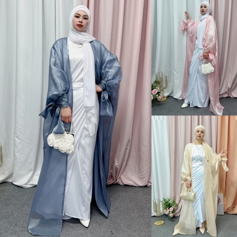 Мягкий мусульманский кардиган с пышными рукавами, элегантное платье Дубая, мусульманское платье, абайя, кафтан, накидка с открытой передней...