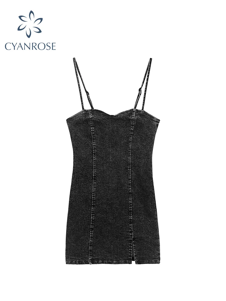 

Women's Sexy Slim Trendy Denim Spaghetti Strap Dress Sleeveless Off Shoulder Streetwear Harajuku Punk Vintage Split Mini Dress
