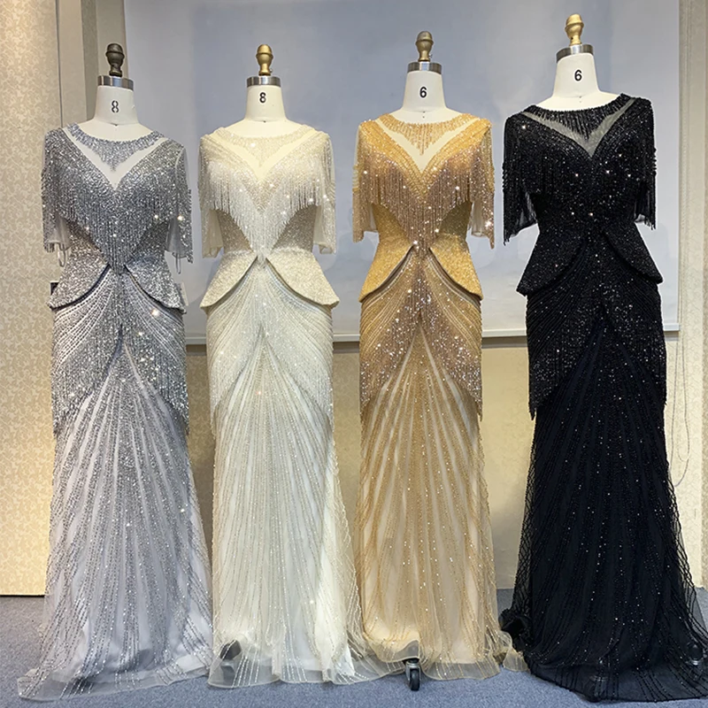 Роскошное серебристое вечернее платье с кристаллами и бахромой арабское