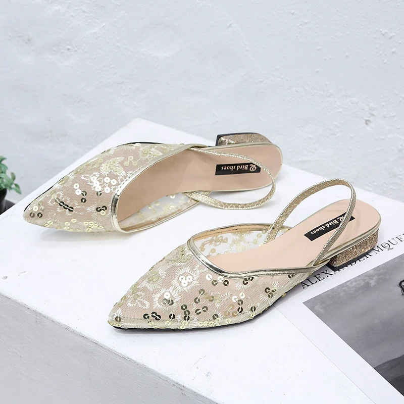 

2022 New Summer Pointed Toe Slippers Female Fairy Temperament Fashion Mesh Sparkling Rhinestone Hollow Shoes Women Slippers