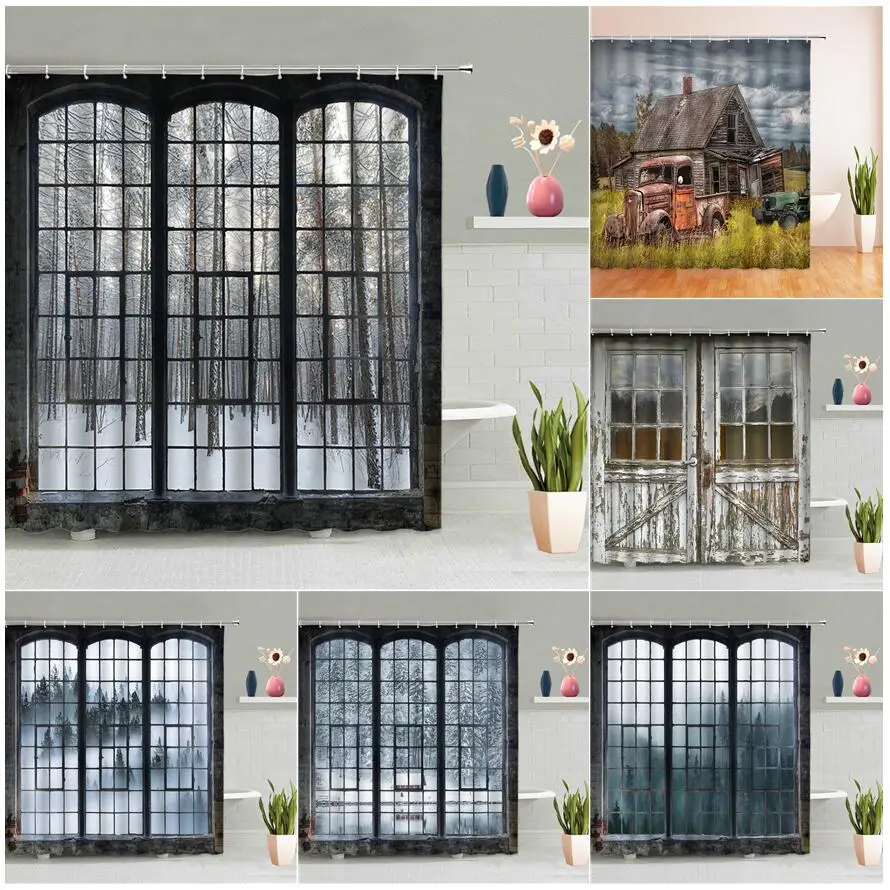 

Vintage Window Shower Curtain Retro Nature Forest Waterfall Ocean Landscape Rustic Farm Truck Bathroom Bath Curtains Decor Sets