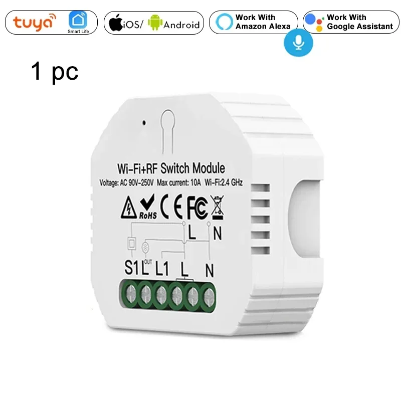 

Модуль умного релейного переключателя Mini DIY WiFi RF433, 1 группа, 1/2-стороннее приложение Smart Life Tuya, дистанционное управление, работает с Alexa Google Home
