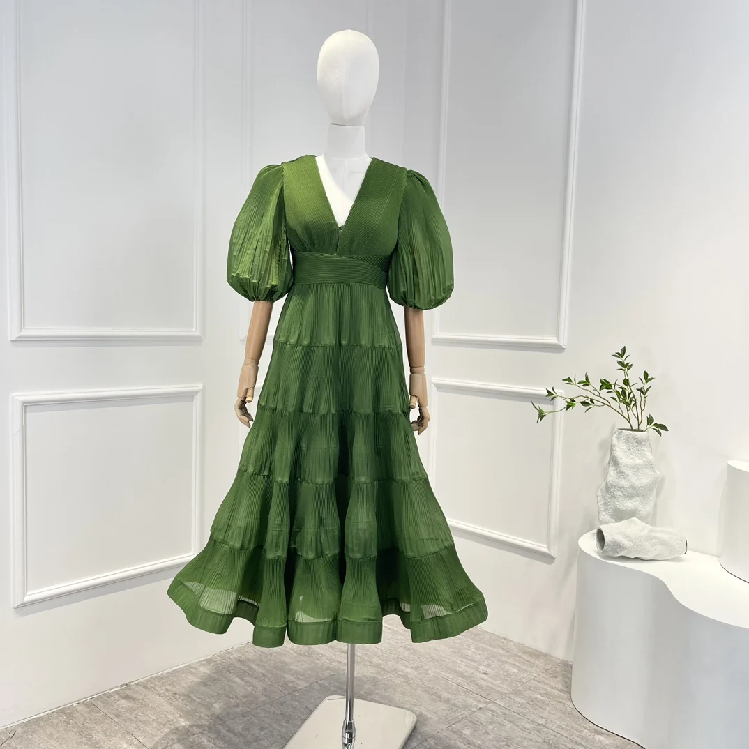 

2023 Spring Top Quality New Collection Elegant V-neck Solid Green Midi Dresses Women