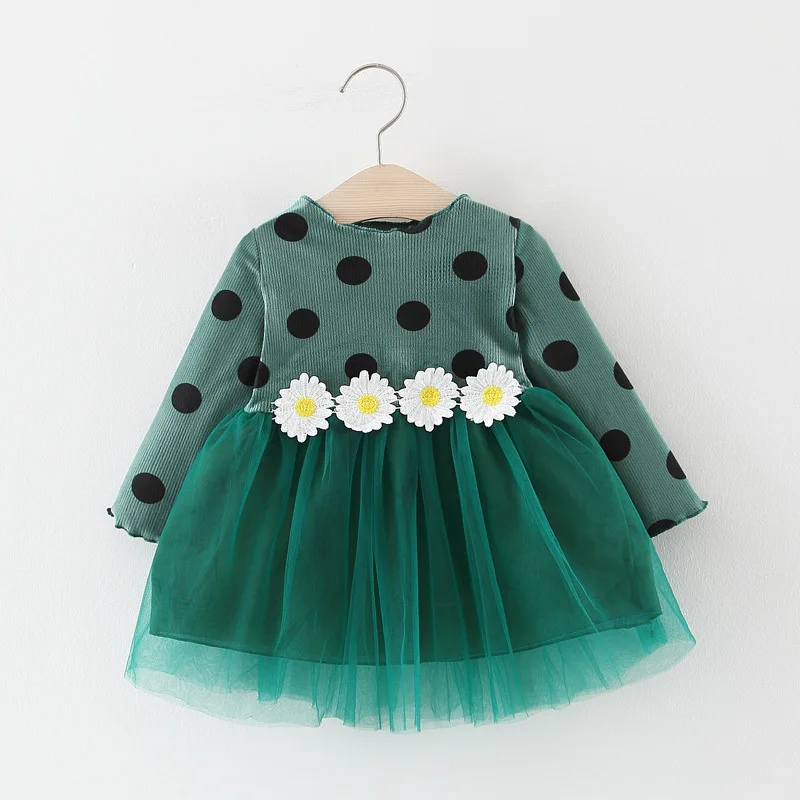

Children's clothing baby girl long sleeve polka dot waist floral mesh dress princess dress