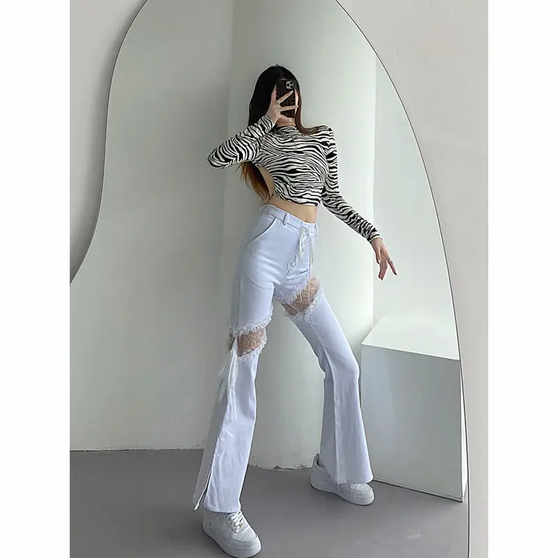 2021 Summer White Hollow Out wide leg Jeans  Women High Waist jeans Sexy Flared lace harajuku Pants Patchwork vintage streetwear