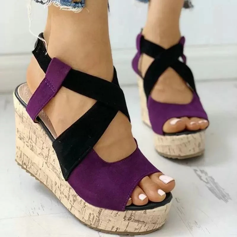 

Cross Strap Fashion Fish Mouth Women Thick Bottom Wedge Buckle Adjustable Stitching Soft Retro All-match Sandals Woman