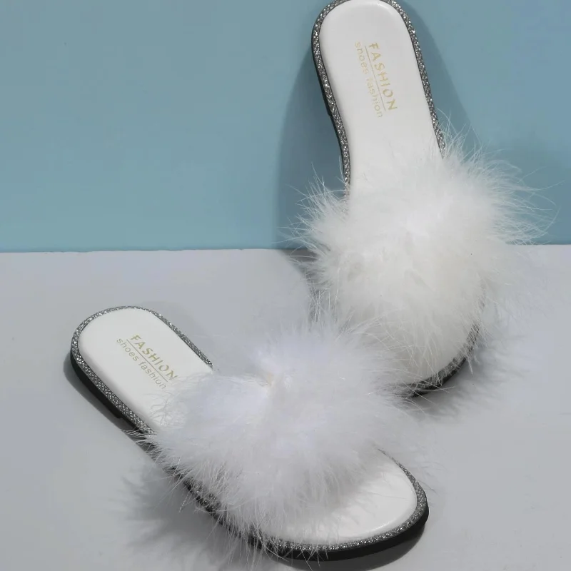 Women Cute Fluffy Decor Fashion Slides Glamorous Summer Leisure Flats One-strap Outdoor Wide Sandals Open Toe Beach Lovely Shoes