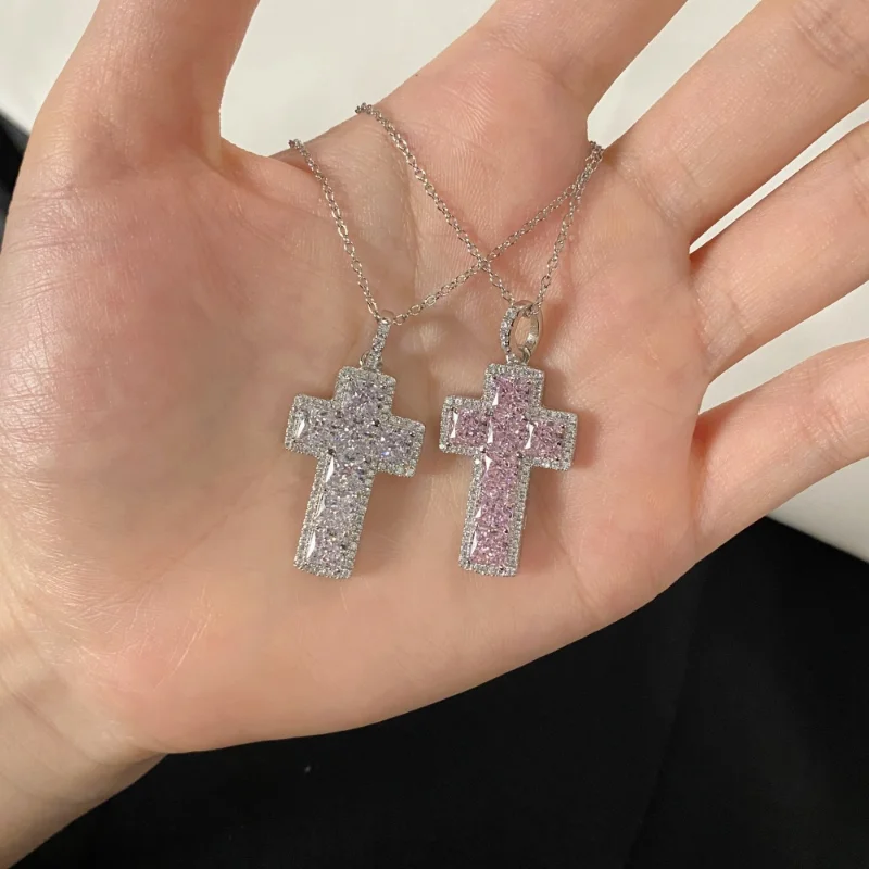 

925 Sterling Silver 8A High Carbon Diamond Pink Square Main Stone Micro Full Diamond Exquisite High Grade Cross Pendant Necklace