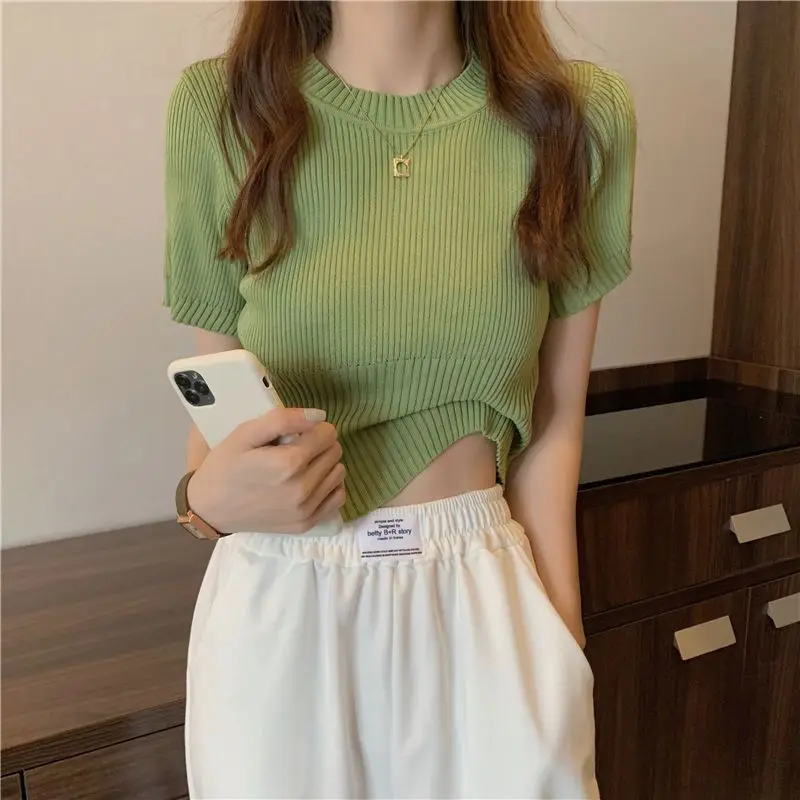 High-quality Women's Thin Korean Version Slim Pullover Short Sleeve Bottom Top Round-neck Underlay Solid Color Sweater