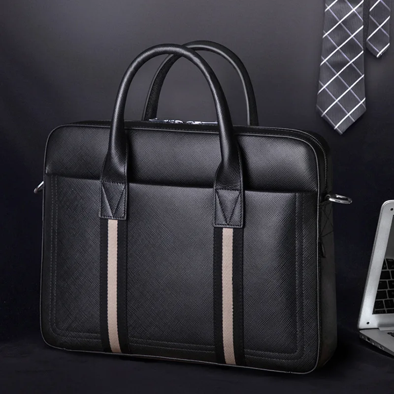 

2020 Japanese and Korean Trendy Striped Briefcase Men's New Handbag Business Leather Bag Horizontal Large Capacity Bag
