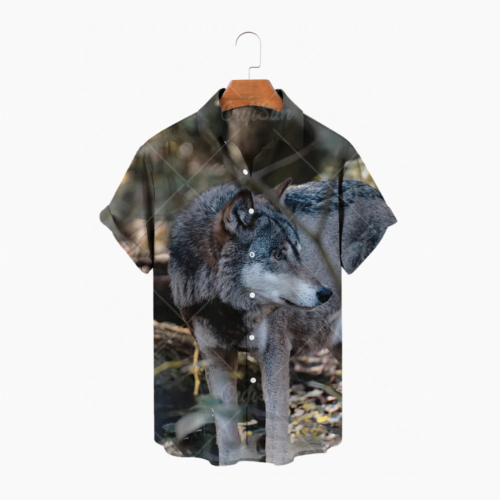 

2023 New field Short sleeve shirt Animal Wolf tattoo red pattern 3D all Hawaiian shirt Beach casual men's shirt Breathable lapel