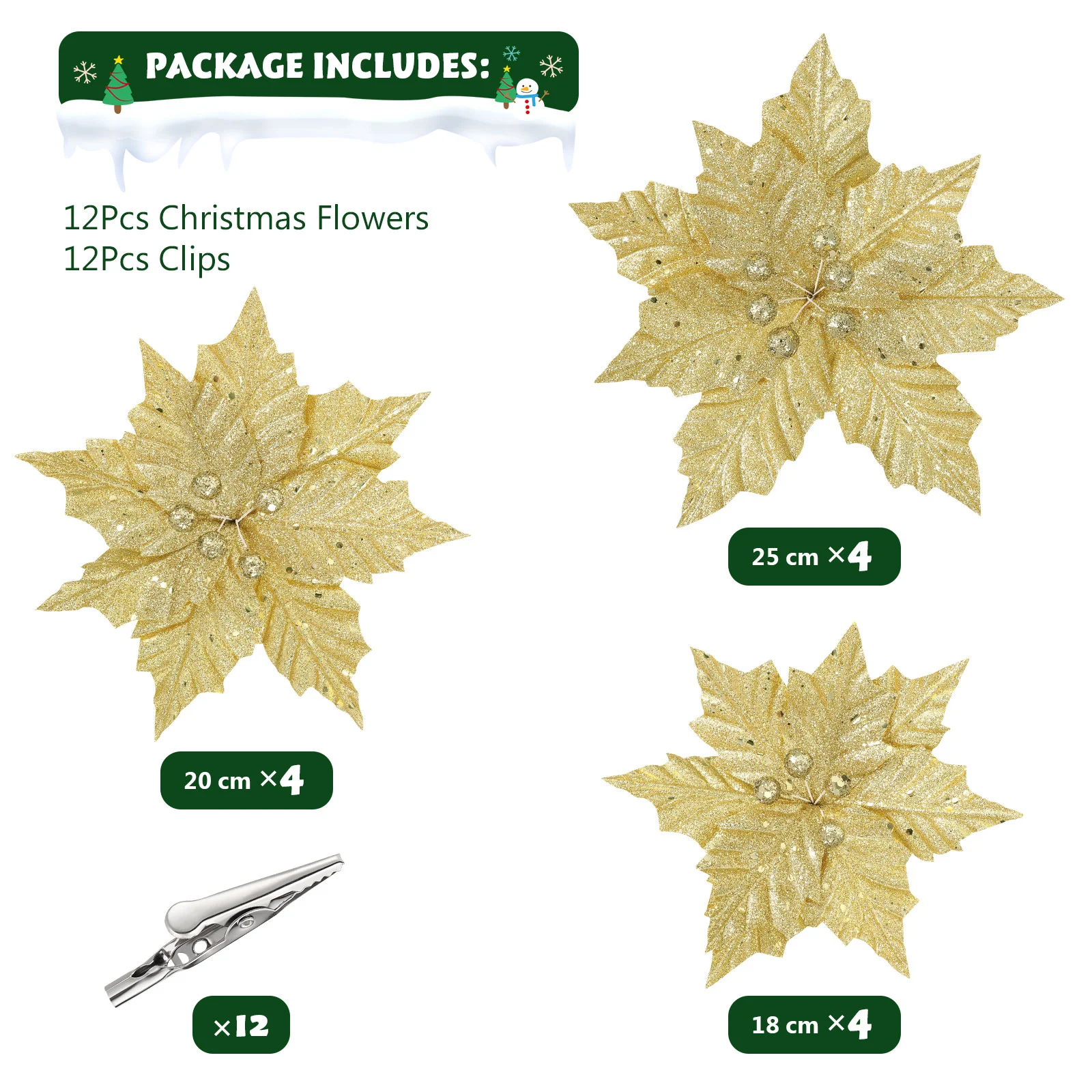 

Flowers Christmas Artificial Poinsettia Tree Flower Decorations Glitterfake Xmasornaments Decor Poinsettias Clips Stem Gold