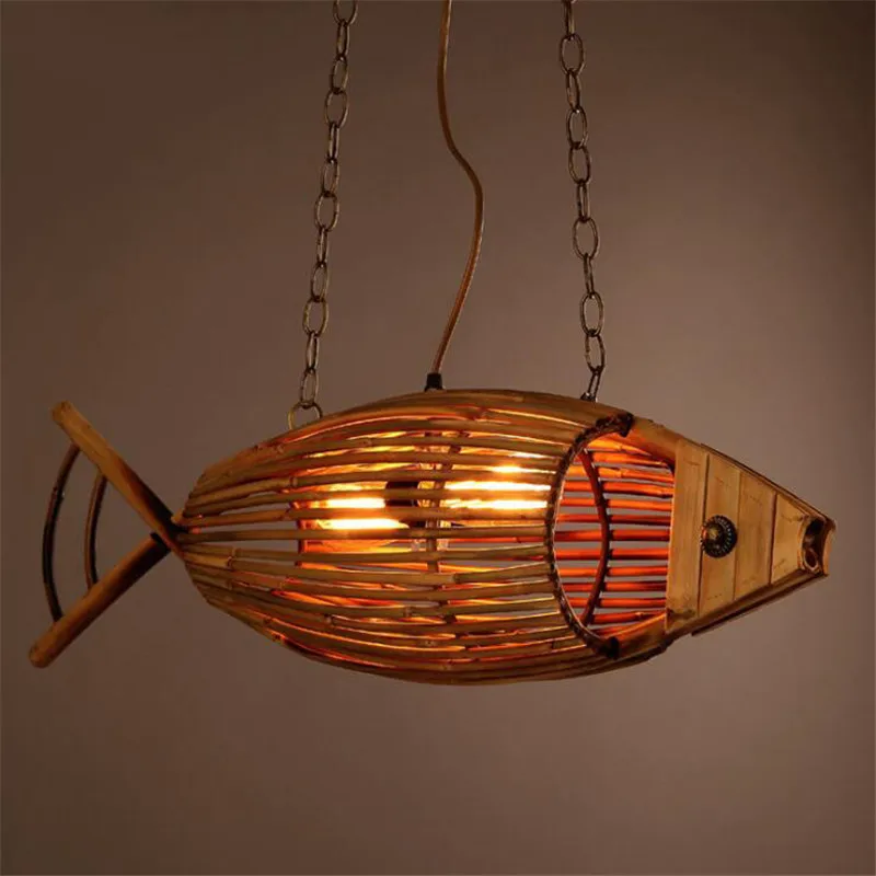 

Handmade Rattan Pendant Light for Dining Room Kitchen Bar Fish Design Vintage Chandelier Bamboo Wicker Wood Hanging Lamp