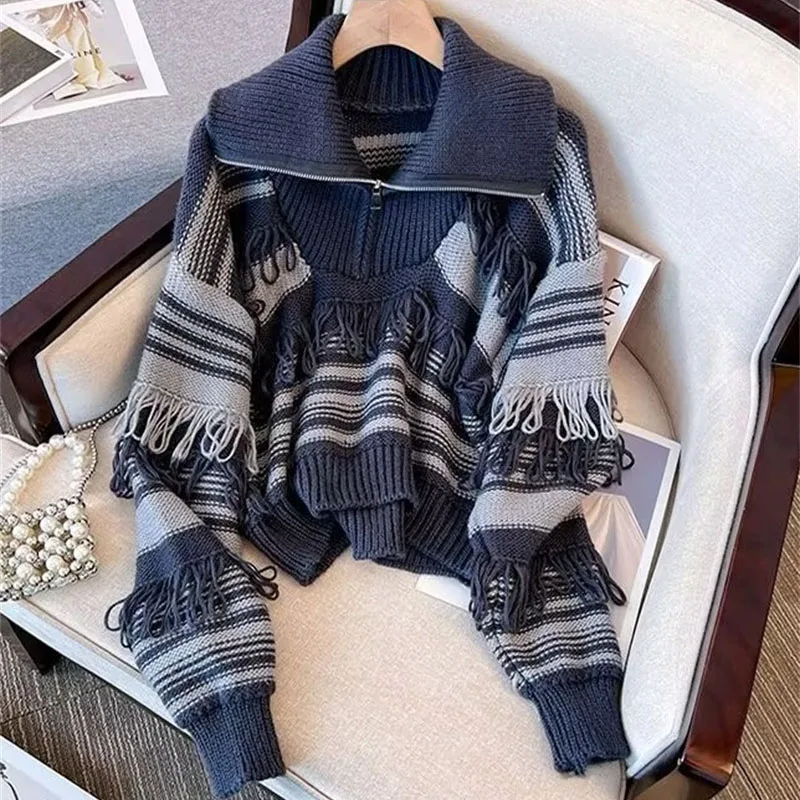 Весенне-осенний новый женский модный свободный вязаный ретро полосатый свитер с