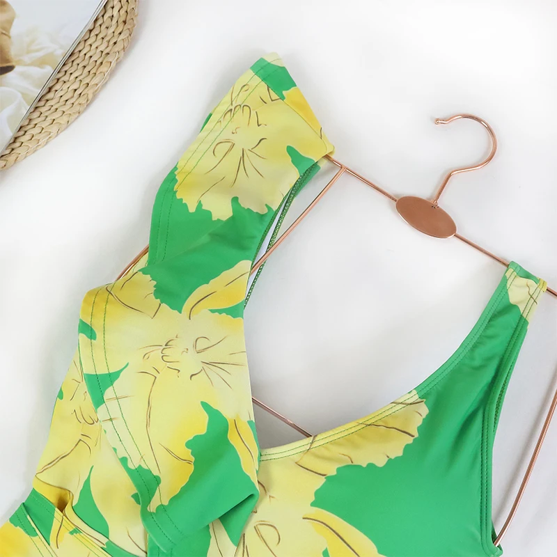 CPUTAN 2023 Female Retro Green Ruffle Swimsuit Asymmetrical Holiday Beach Dress Vintage Skirt Designer Bathing Suit Summer Surf