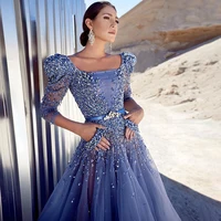 LSCZ28 Luxury Dubai Blue Evening Dress for Women Wedding Party Elegant Half Sleeve Arabic Formal Gown 7