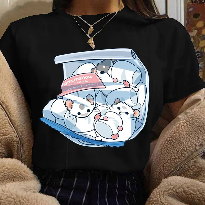 

T Shirt Woman Clothes Hamsters Cute Print Black T-Shirt Tops Lady Fashion Short Sleeve Clothing female Tee shirt Ropa Mujer