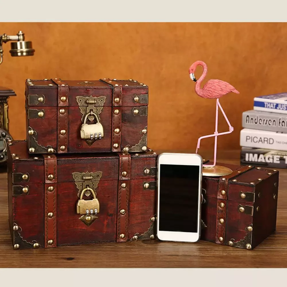 

NEW2023 1L Vintage Style Leather TreasureChest Decorative Box 2 Size Wooden Chest Trunk Retro TreasureChest with Lock Vintage Wo