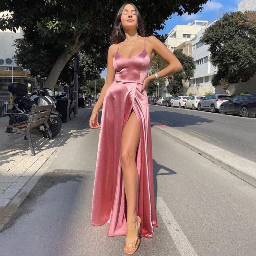 

Vinca Sunny Sexy V Neck Long Evening Dresses High Split Spaghetti Straps Prom Party Gowns Formal robes de soirée