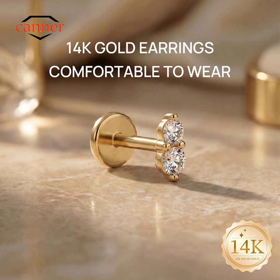 Фото Серьга-пирсинг CANNER 1PC из цельного золота 14K с двойным фианитом и плоской задней частью для хеликса, трагуса, хряща, из титана G23, для женщин, классическое украшение №1