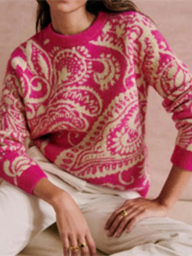 

Женский вязаный жаккардовый джемпер, винтажный Свободный Повседневный свитер в французском этническом стиле из смеси шерсти кешью, Осень-зима