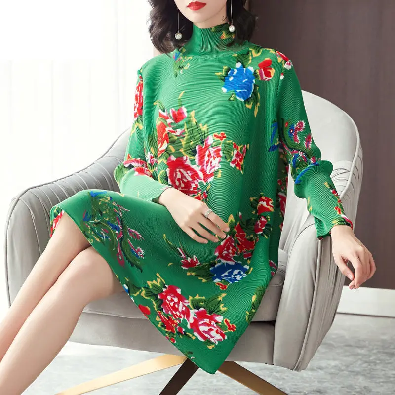 

Dress for women 2021 autumn national wind pleating dress fashion high-necked print large size slim long sleeve dress clothing