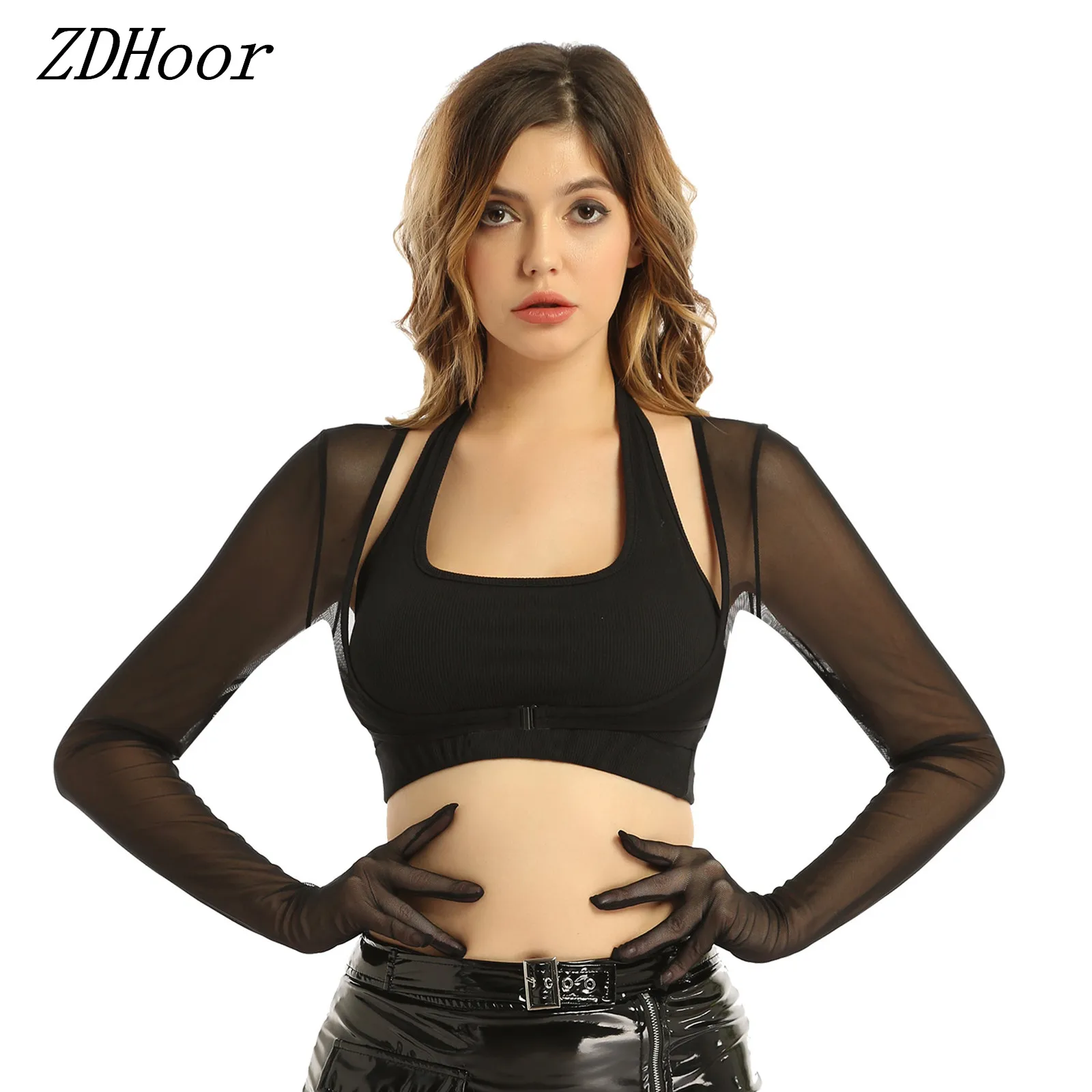 

Женские прозрачные сетчатые перчатки, топы, Солнцезащитный Топ с длинным рукавом и открытой передней пряжкой, укороченный топ, Клубная одежда на лето