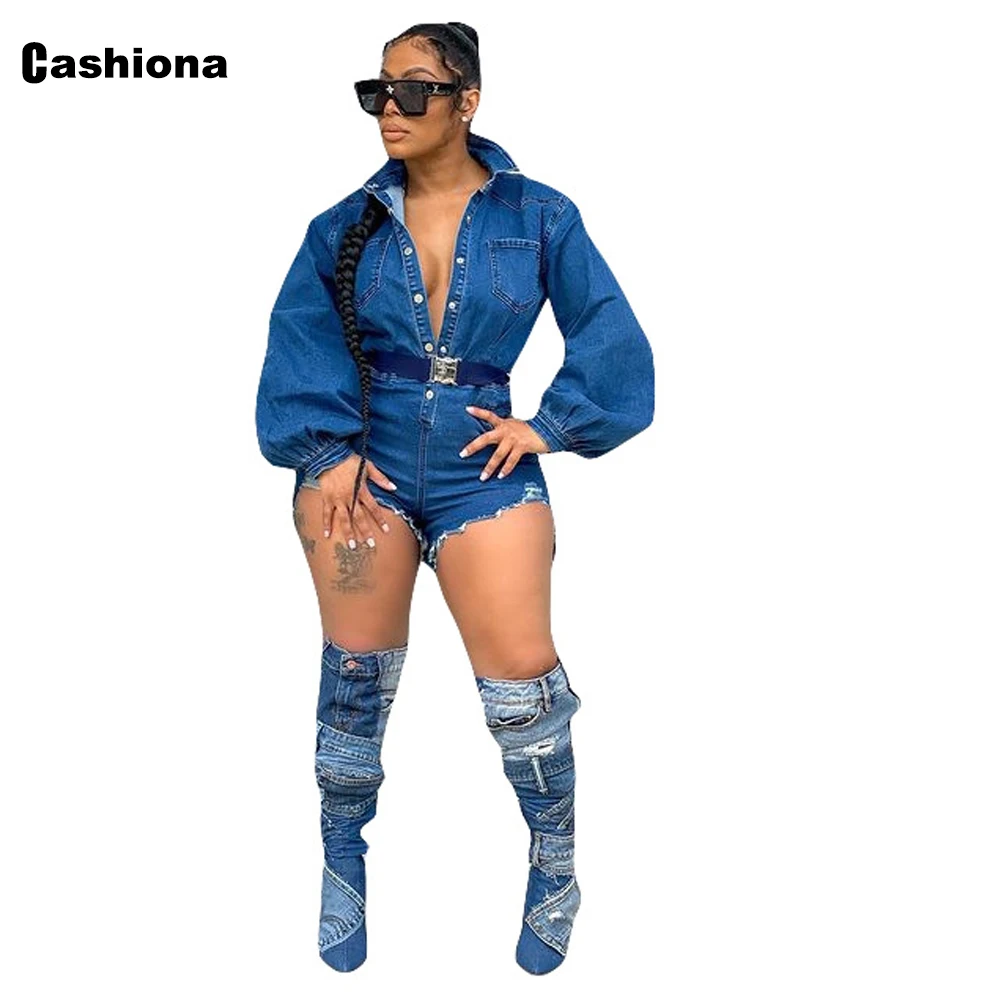 2022 Sexy Fashion Notched Playsuits Women Long-sleeved Wide Leg Shorts Plus Size Women's Demin Overalls Sexy Ripped Jumpsuits