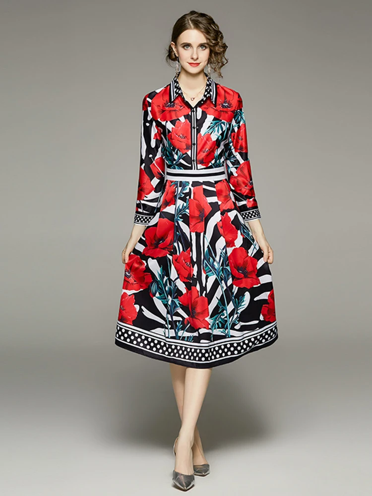 

Spring Autumn Fashion Runway Shirt Dress Women's Long Sleeve Lapel Elegant Stripe Red Flower Print OL Midi Dress with Belt