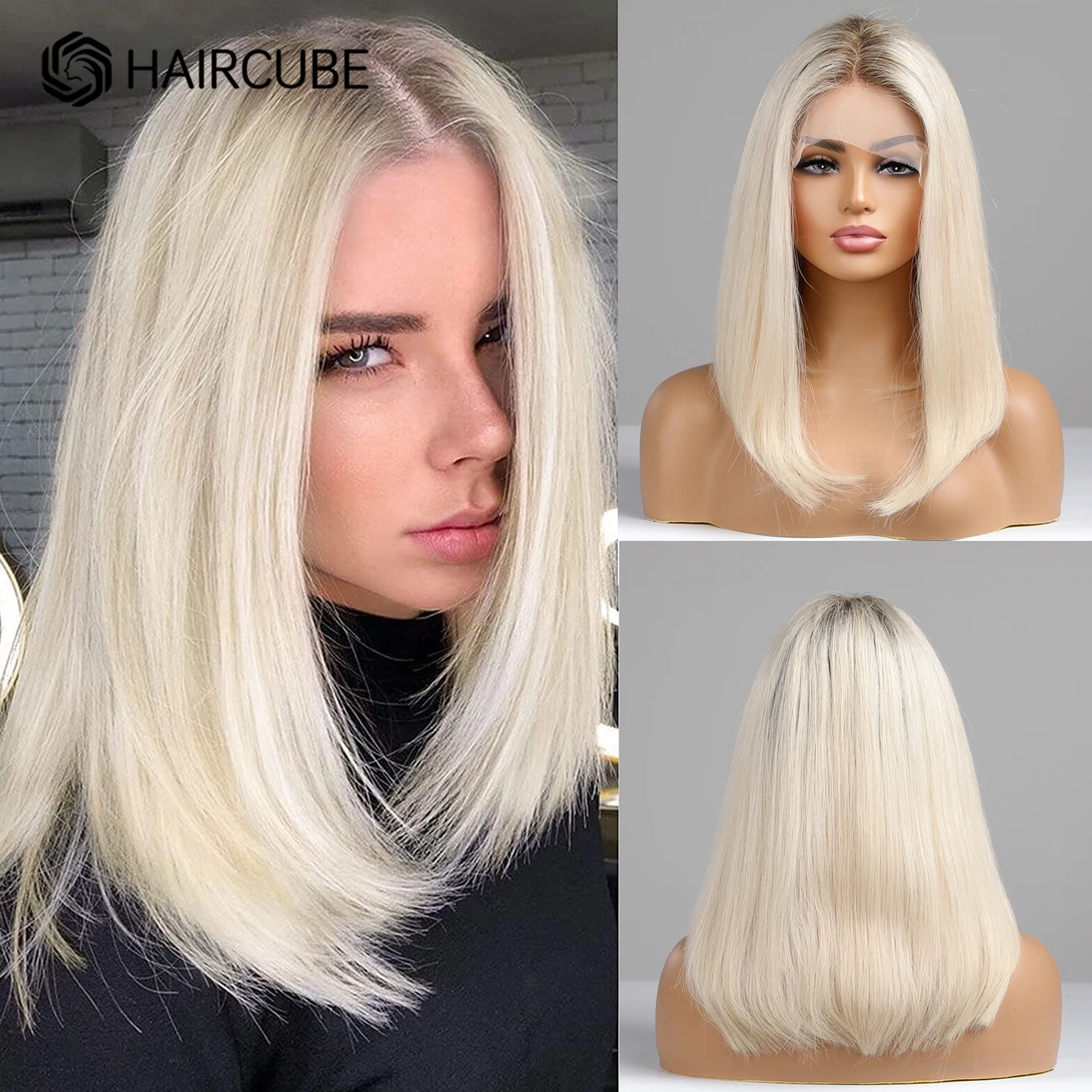 Platinum Blonde Lace Front Human Hair Wig for Women 14 Inches Straight Natural Hair With Dark Roots Short Bob 13x1 Lace Wigs
