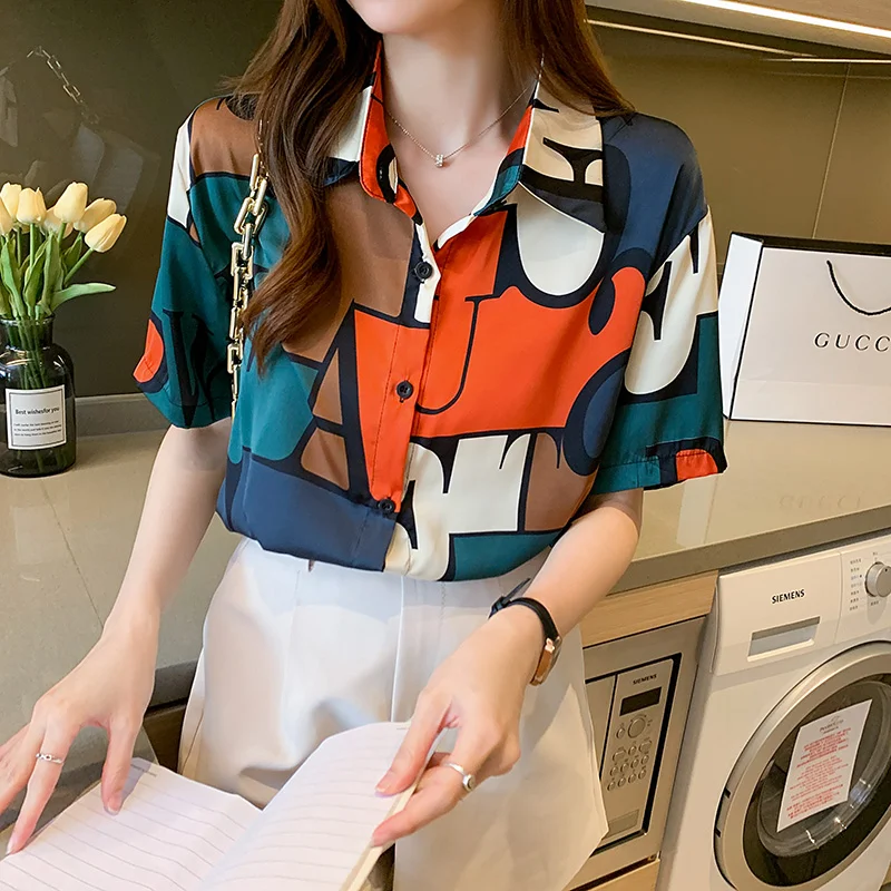 

Women's Blouses Polo Fashion Top Chiffon Casual Short Sleeve Shirt Summer Print Clothing