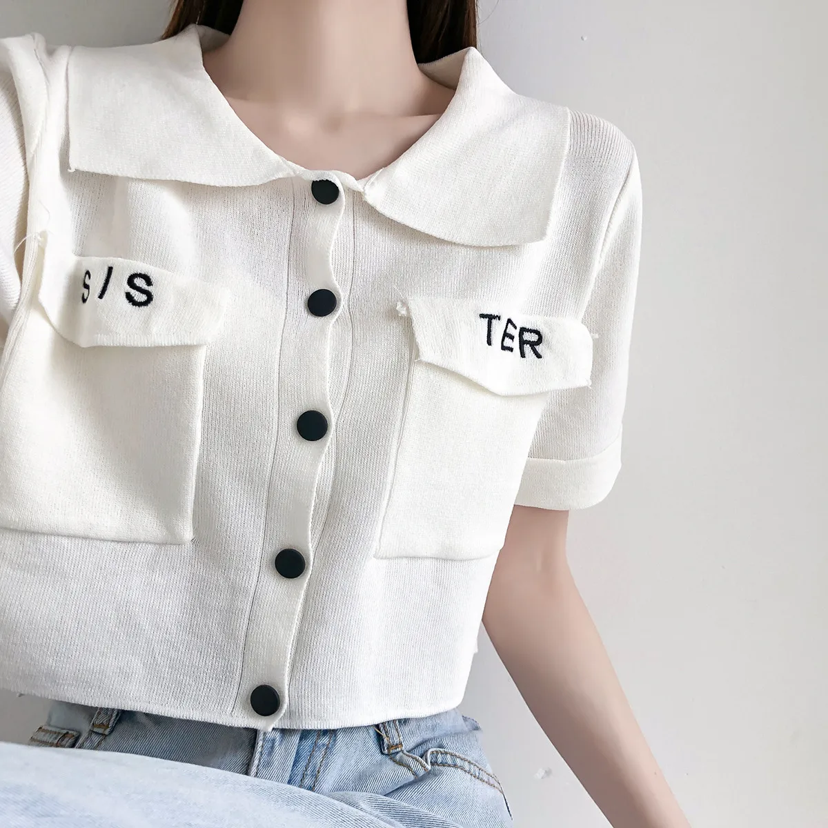 

Summer Polo Collar Knitted T-shirt Women Korean New Fitness Embroidered Letter Black White Cropped Tops Woman