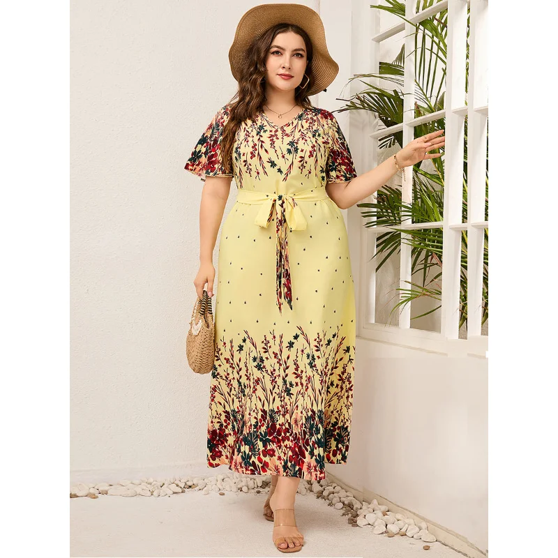 Plus Size 2023 Fashion Summer 3xl 4xl 5xl v Neck Long Dresses Elegant Floral Boho Dress Streetwear Dress for 3xl 4xl 5xl 6xl