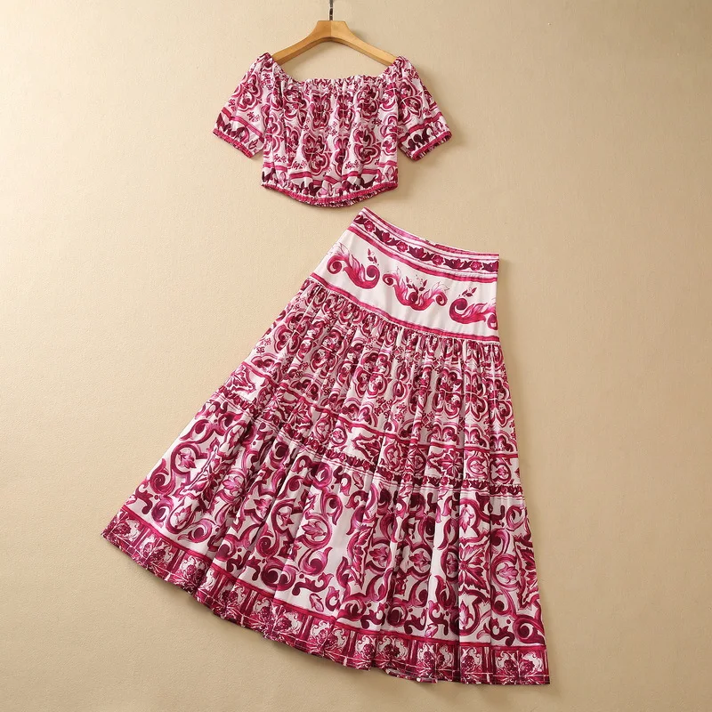 

Женское платье в европейском и американском стиле, Новинка лета 2023, стильная футболка с коротким рукавом и плоским вырезом и рисунком в виде двора, костюм из искусственной кожи