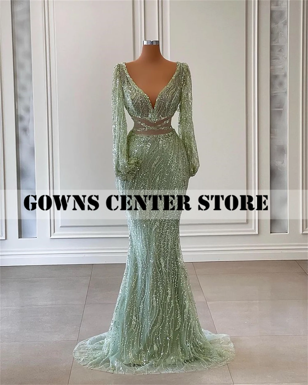 Sparkly Long Sleeve Prom Dresses 2022 Luxury Gowns Mermaid Formal Dress Women Elegant V Neck Wedding Party Gowns Beaded abandkle