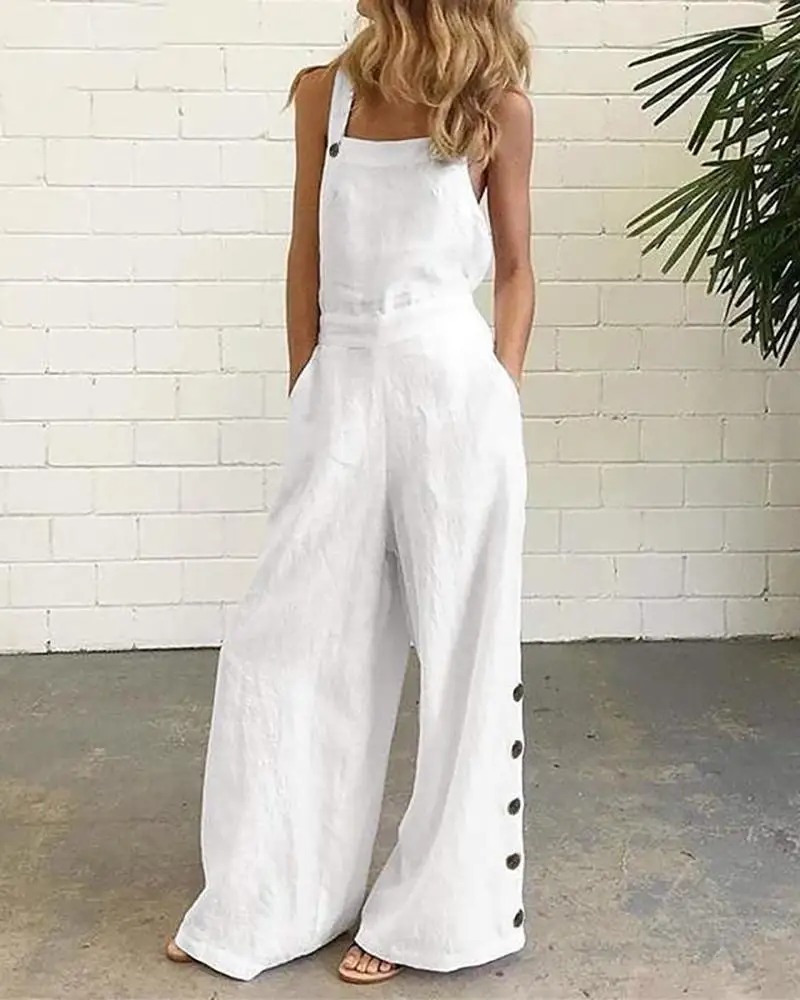 

Solid Color Sleeveless Pocket Casual Wide Leg Side Button Jumpsuit