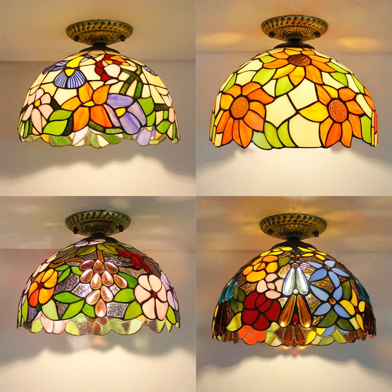 

12" Ceiling Hanging Lamp Chandelier Tiffany Stained Glass Shape Flower style Sunflower Rose Grape Design Luxury Home Decoration