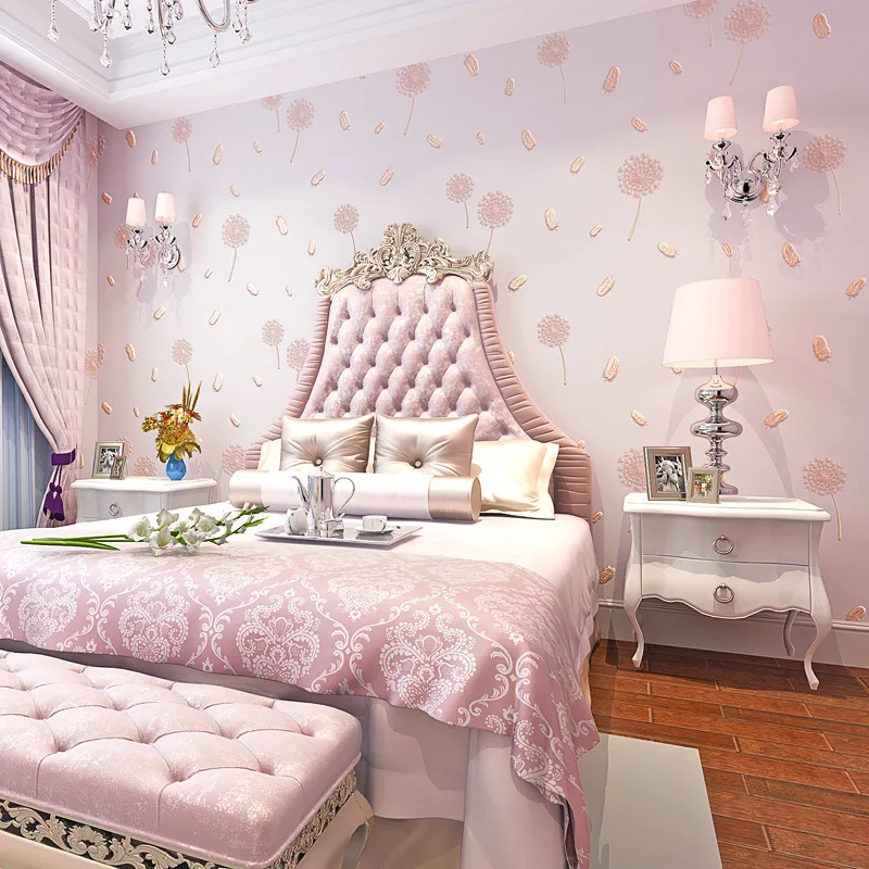 

Fine embossed pink dandelion feather bedroom living room 3D wallpaper fresh rural non-woven children's room wallpaper W163