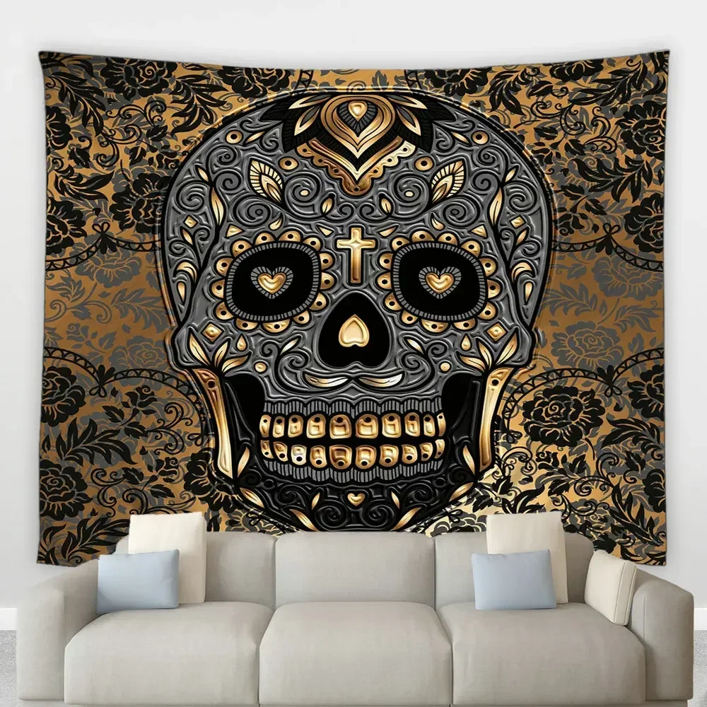 Сахарный Череп Хиппи Большой Гобелен Хэллоуин Мексиканский Скелет Растение